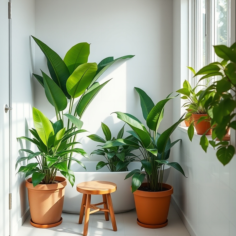 potted ferns in a bright bathroom