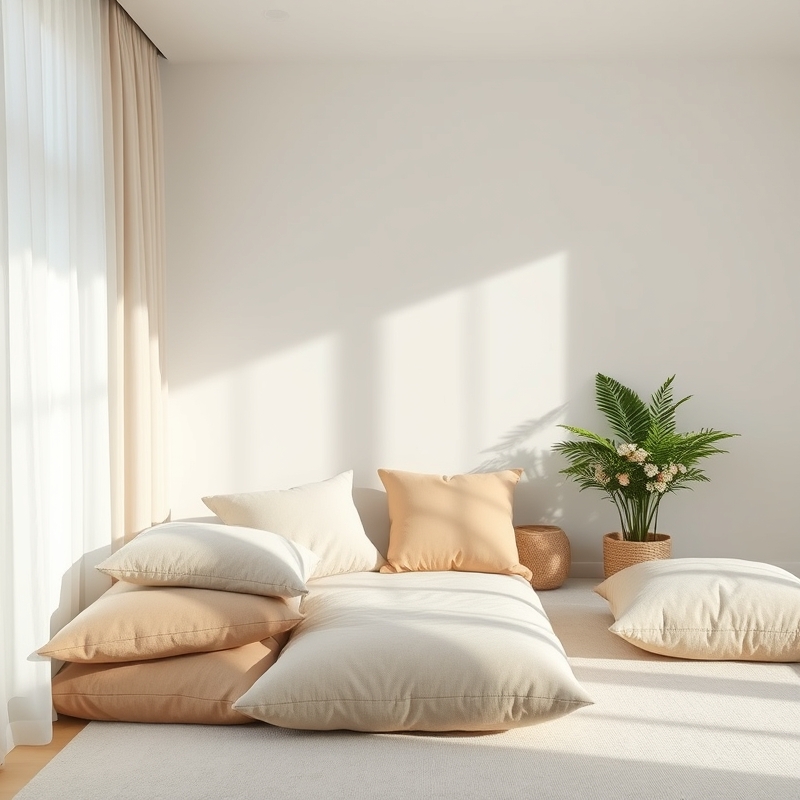 bedroom corner with oversized floor cushions in neutral tones
