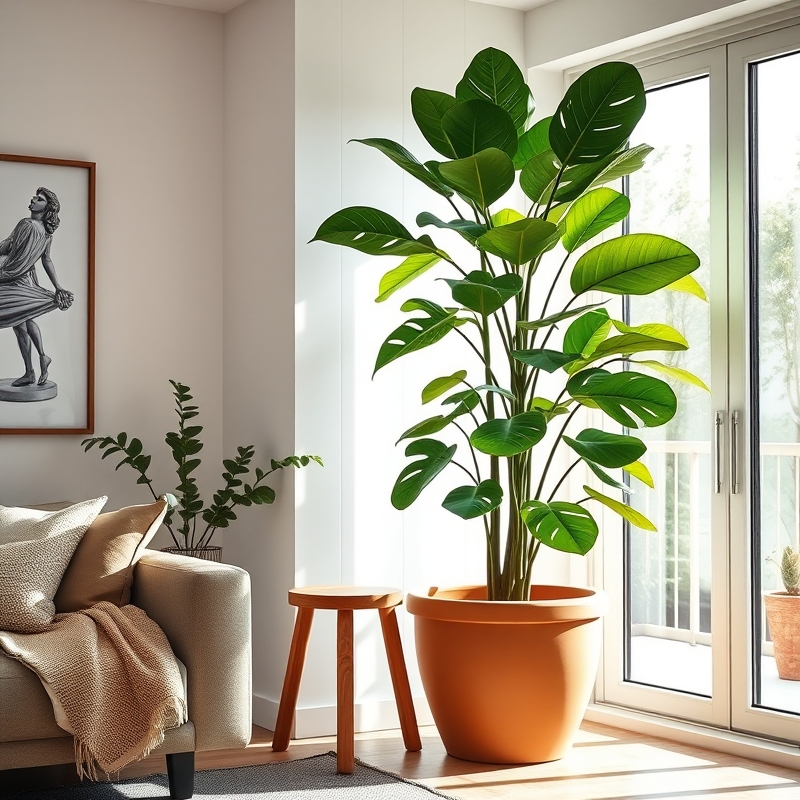 A large, healthy fiddle leaf fig tree in a living room