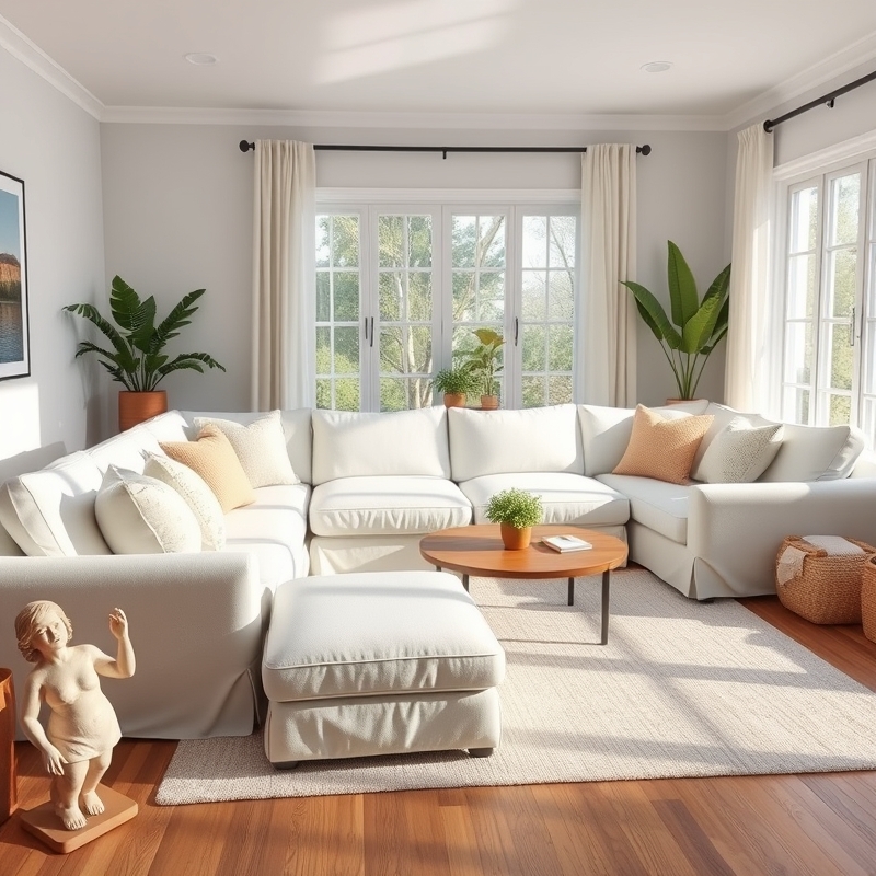 White slipcovered sectional sofa in a living room