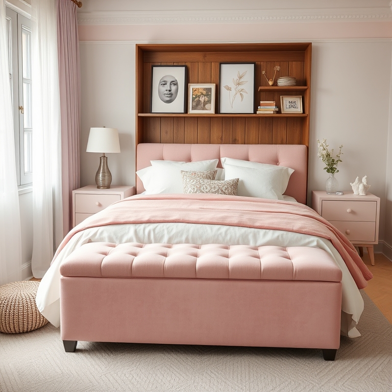Pink storage bench at the foot of a bed