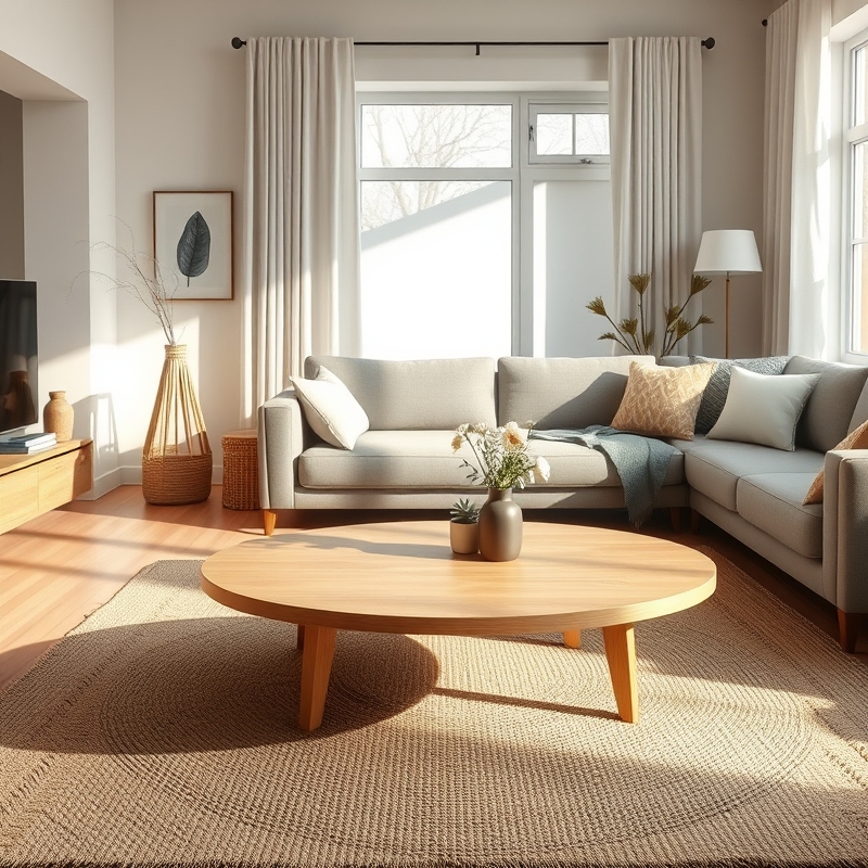 low oval coffee table in light oak wood on jute rug