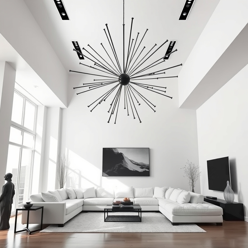 large black sculptural chandelier over a living room