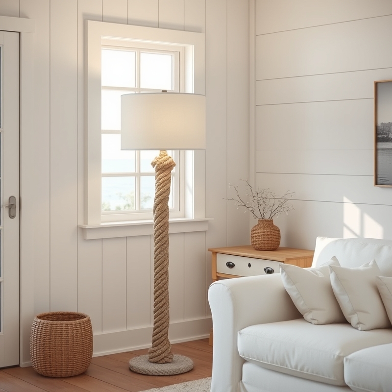 rope-wrapped floor lamp in coastal living room