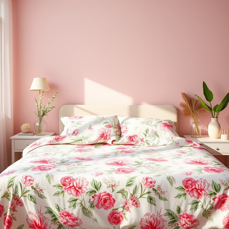 Pink duvet cover with floral prints on a bed