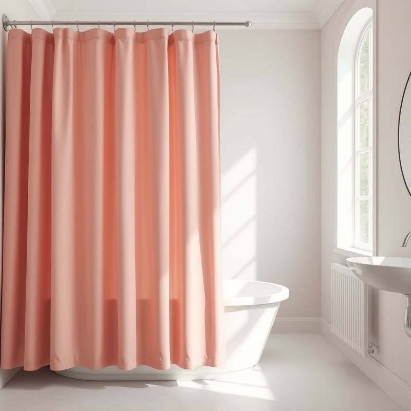 dusty pink fabric shower curtain in bathroom