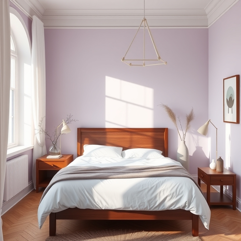 pale lilac bedroom with walnut furniture