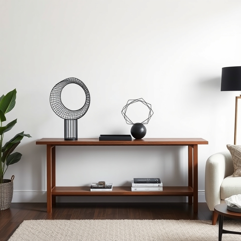 two black wire sculptures displayed on a walnut console table