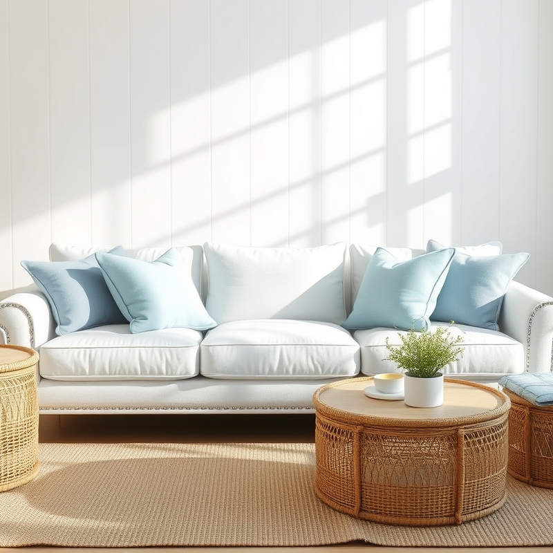 textured linen pillows in white and blue on coastal sofa