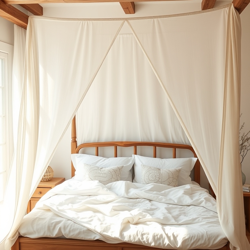 light linen scarf draped over a bed frame as a canopy