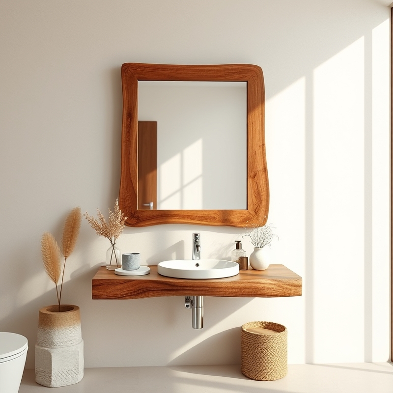 bathroom with large organic shaped mirror over vanity