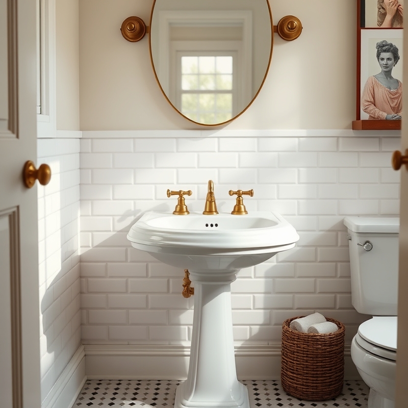 classic white pedestal sink with vintage brass faucet