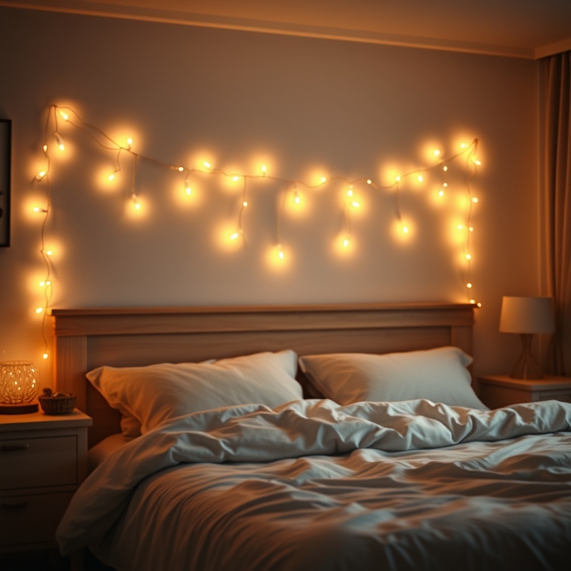 fairy lights strung along a wooden headboard