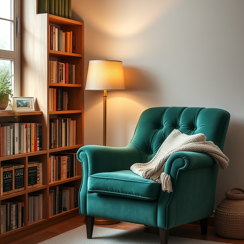A luxurious jade green velvet armchair in a corner