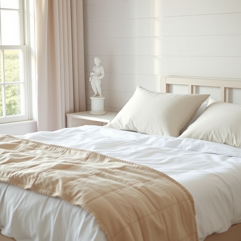 bed with crisp white cotton bedding and decorative pillows