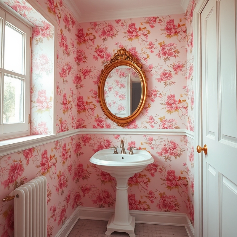 pink floral wallpaper in a bathroom