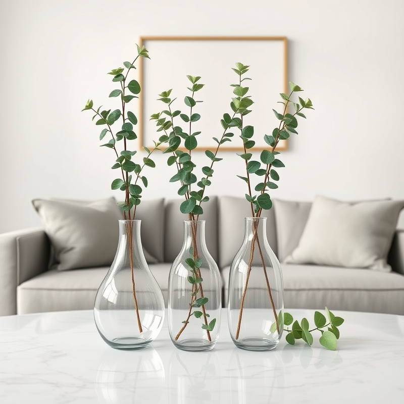 clear glass vases with eucalyptus stems on coffee table
