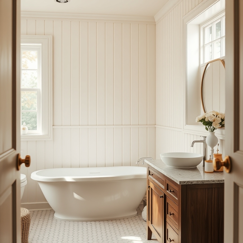 bathroom with white beadboard accent wall behind vanity