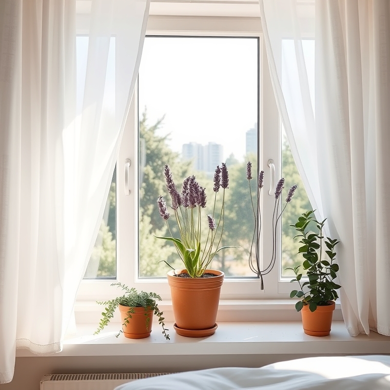 A terracotta pot with lavender plant on a sunny windowsill