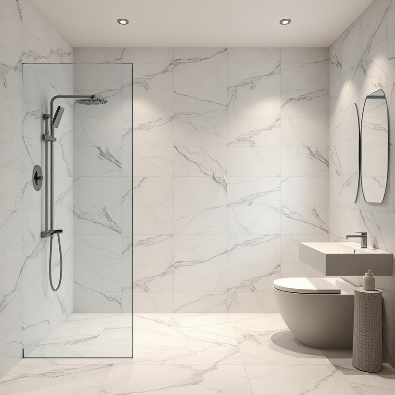 bathroom with large marble-look tiles on floor and wall