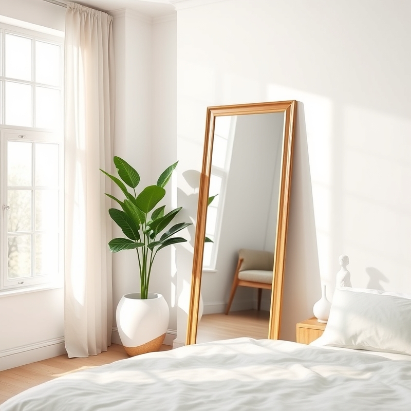 full-length mirror on a bedroom wall reflecting light