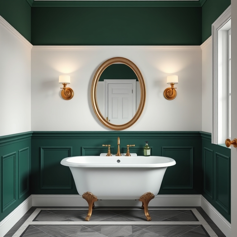 dark green wainscoting with white walls in a bathroom