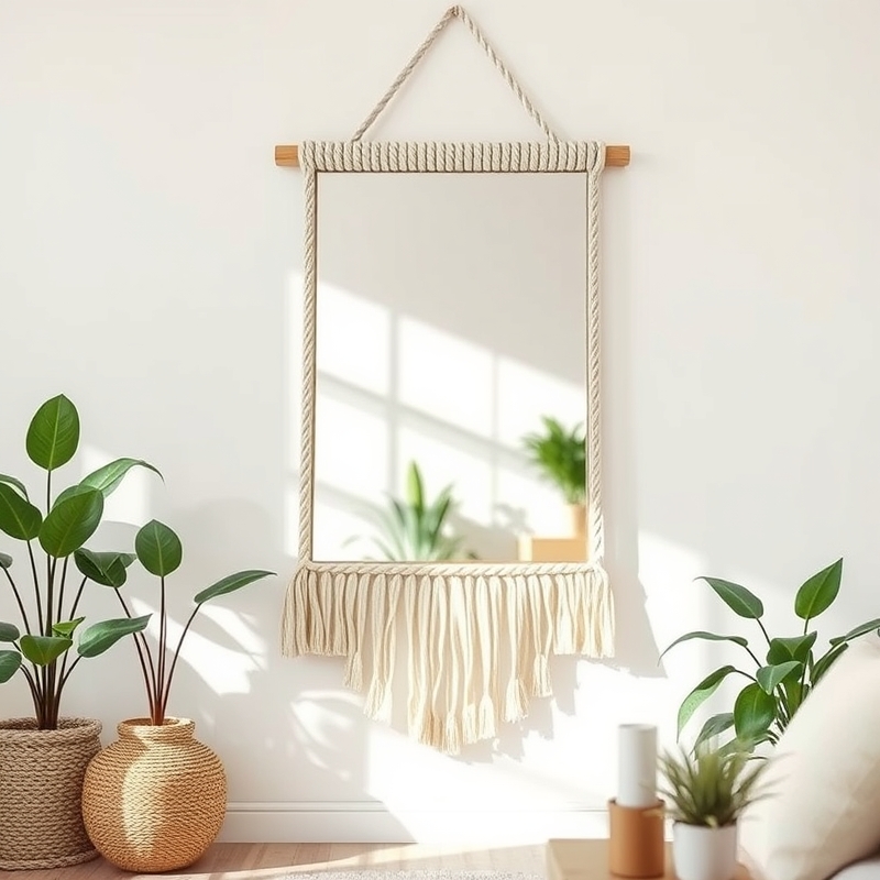 White cotton rope mirror frame in a living room