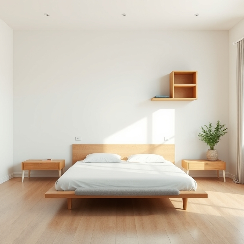 Bedroom with low platform bed and open shelving