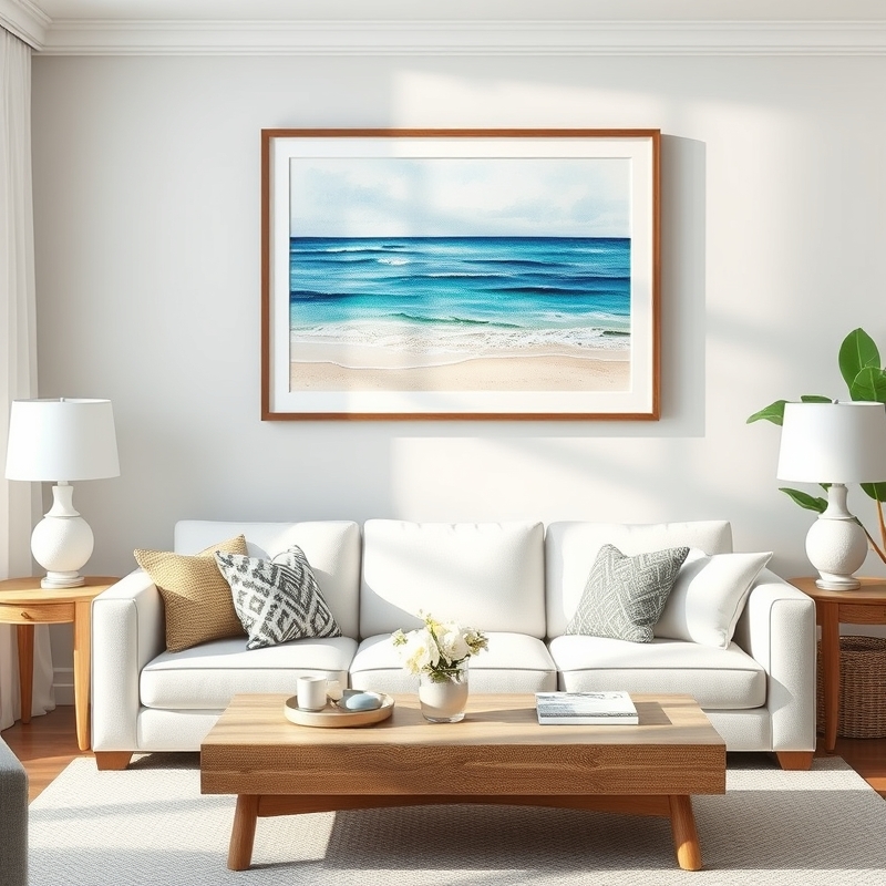 large framed beach print in coastal living room