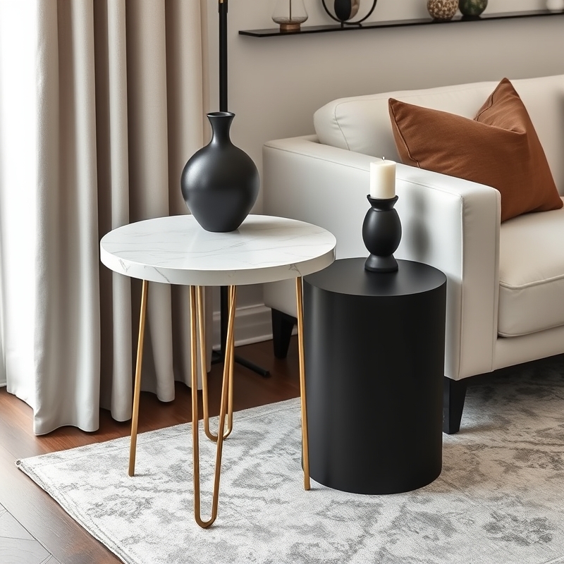 white marble top side table next to a matte black table