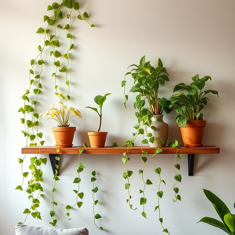 Trailing pothos plants in terracotta pots on a shelf