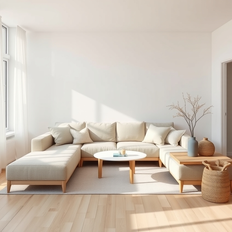 Bloxburg living room with low linen sofa