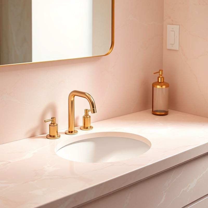 pink marble countertop with gold faucet in bathroom