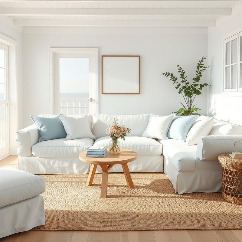 white slipcovered sofa in coastal living room