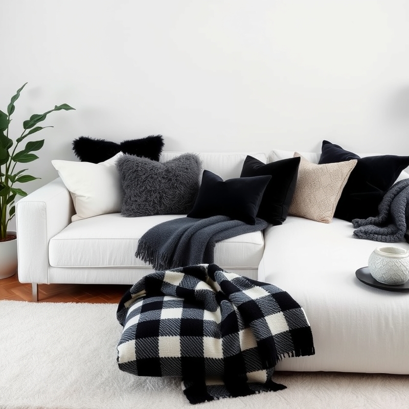clean white sofa styled with an assortment of black pillows