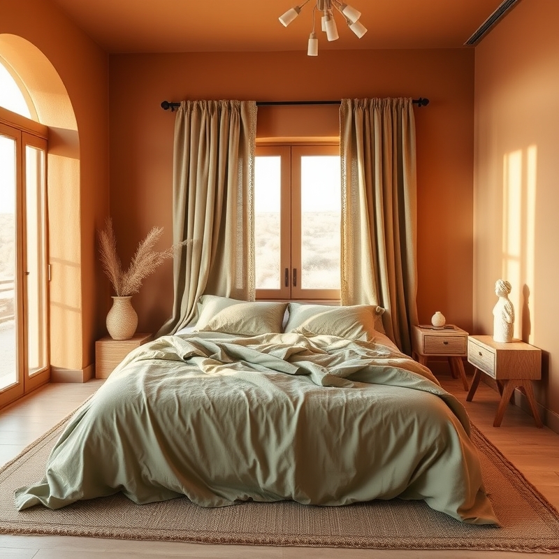Bedroom in muted terracotta, sage, and sand colors