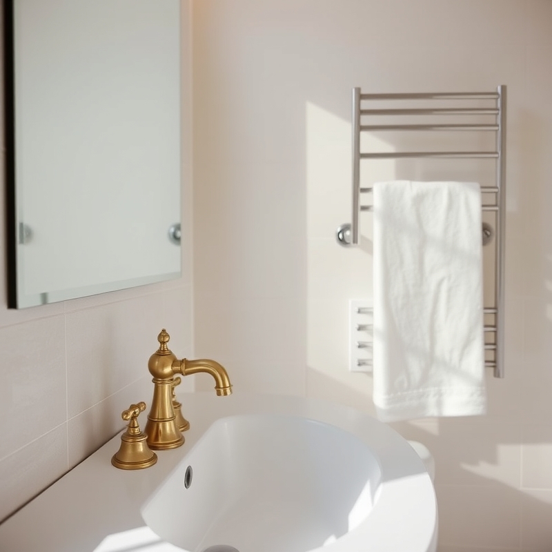 bathroom with brass faucet and chrome towel bar