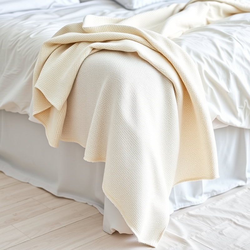 A lightweight cotton throw folded at the foot of a bed