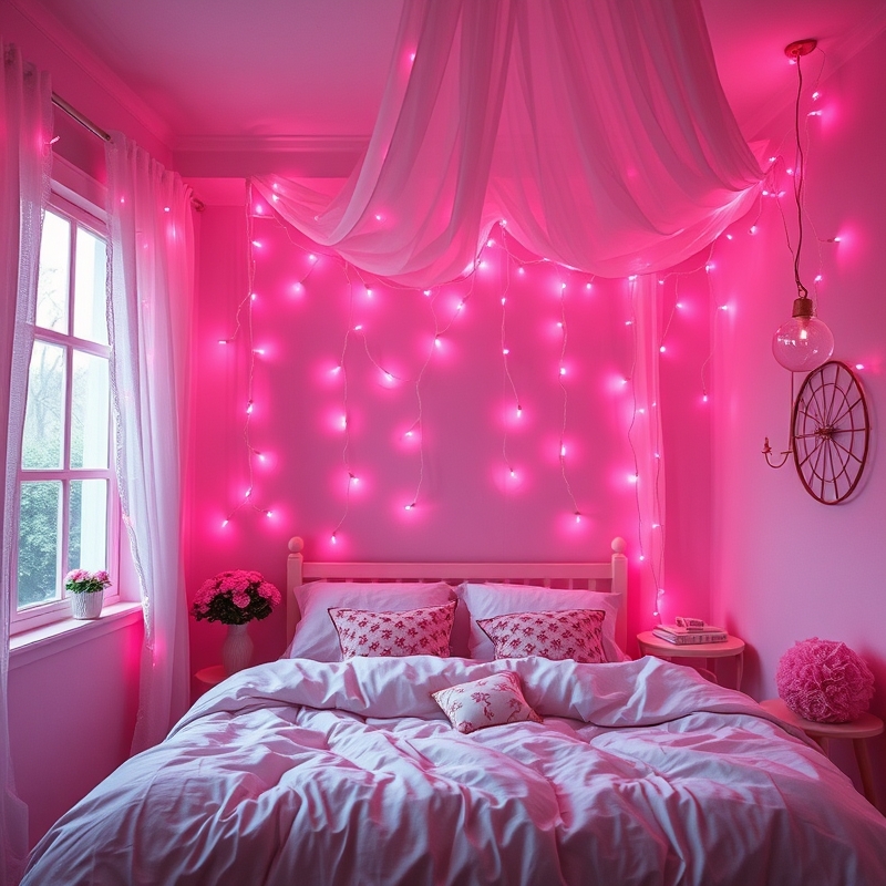 Pink tinted fairy lights glowing in a bedroom