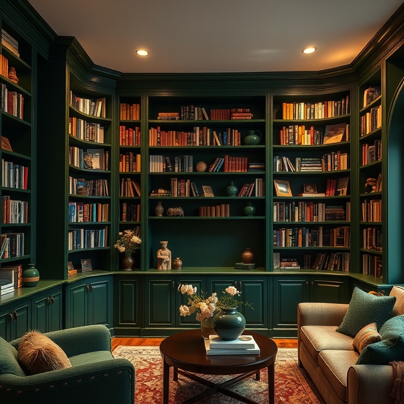 Built-in bookshelves painted a deep forest green