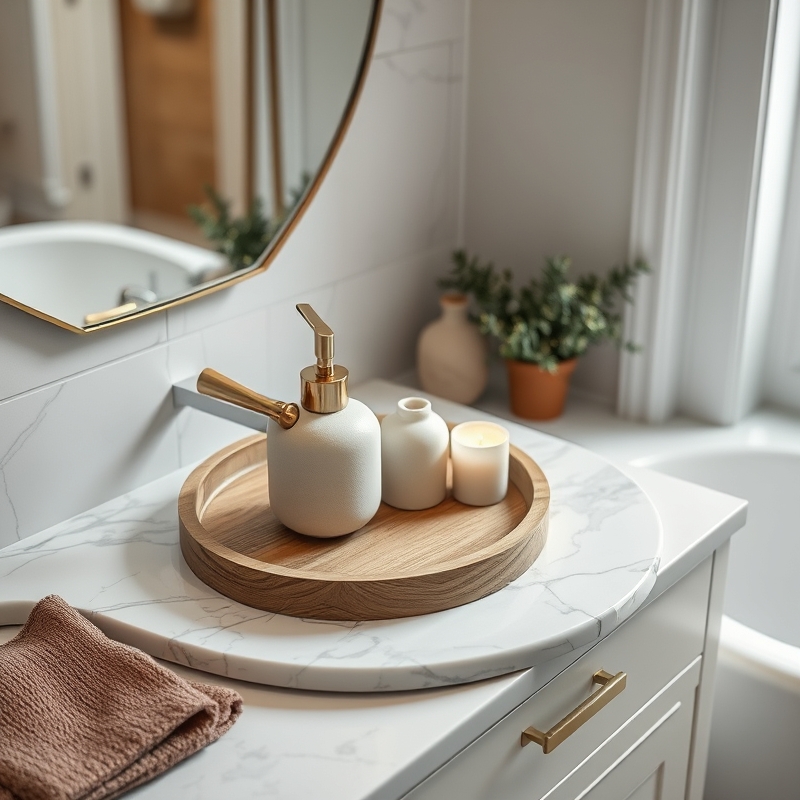 bathroom vanity with wooden tray holding soap dispenser and candle