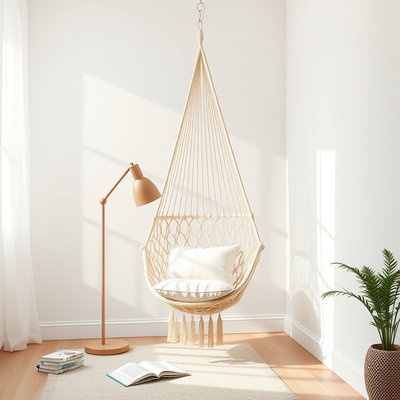 A woven hammock chair hanging in a sunny bedroom corner with a floor lamp