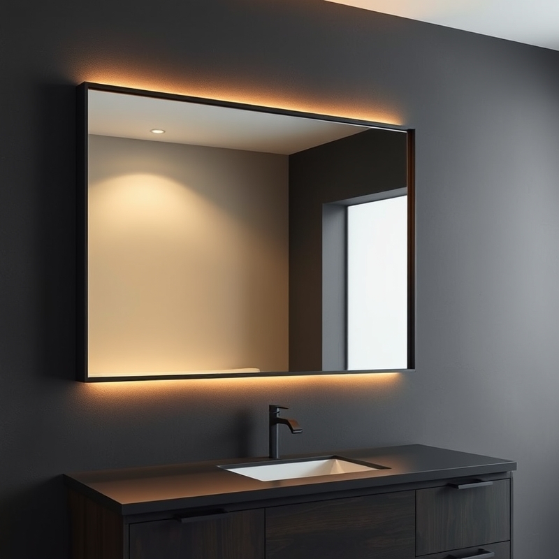 backlit black framed mirror in moody bathroom