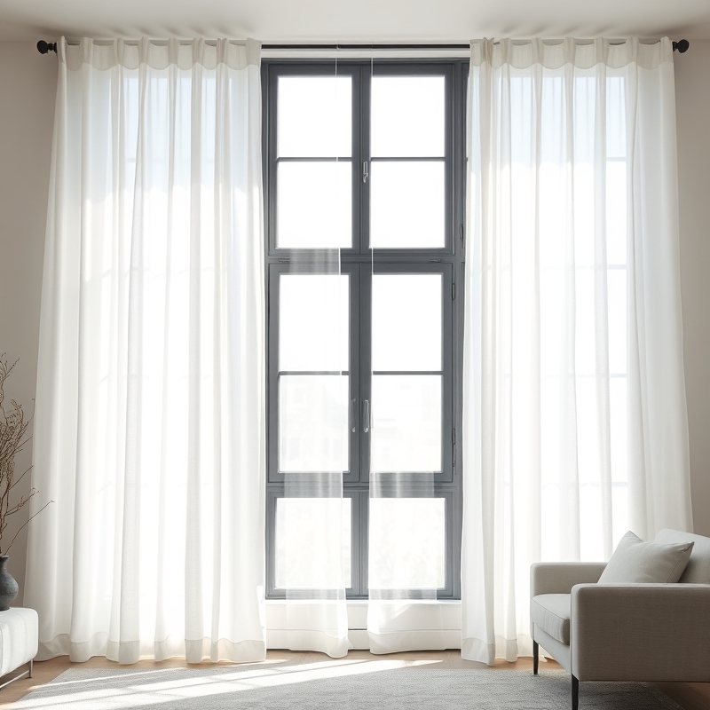 floor to ceiling white sheer curtains blowing in front of a window