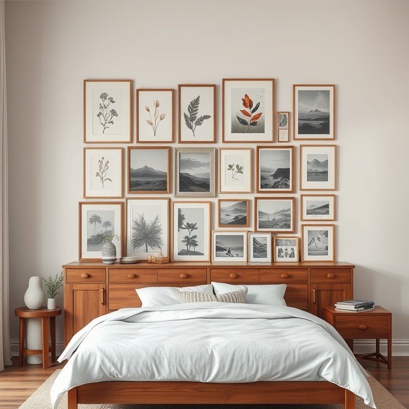 A curated gallery wall of summer themed art and photographs above a dresser