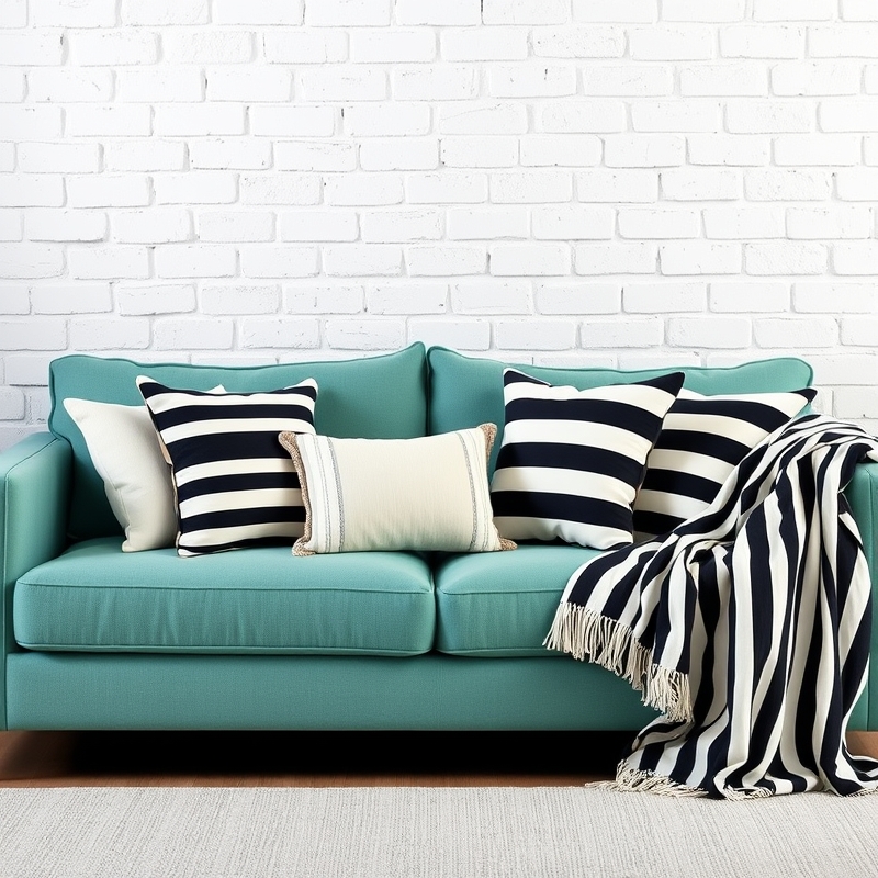 sofa with black and white striped cushions and a striped throw