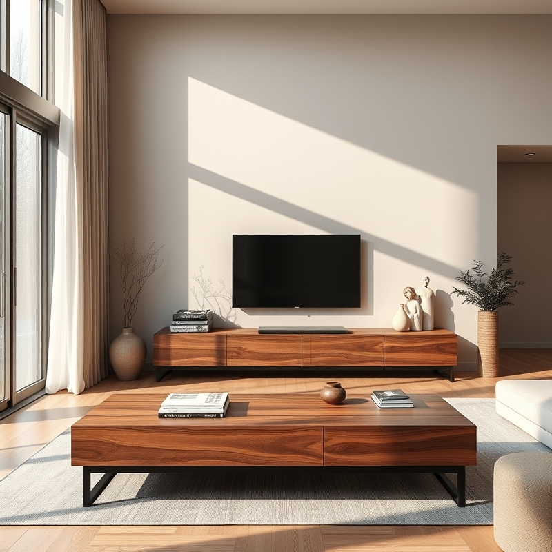 walnut wood media console with clean lines against white wall
