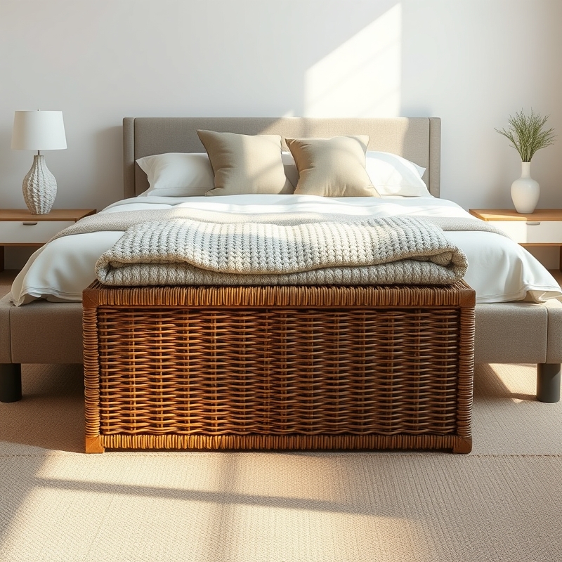 A large woven wicker trunk placed at the foot of a bed with blankets on top