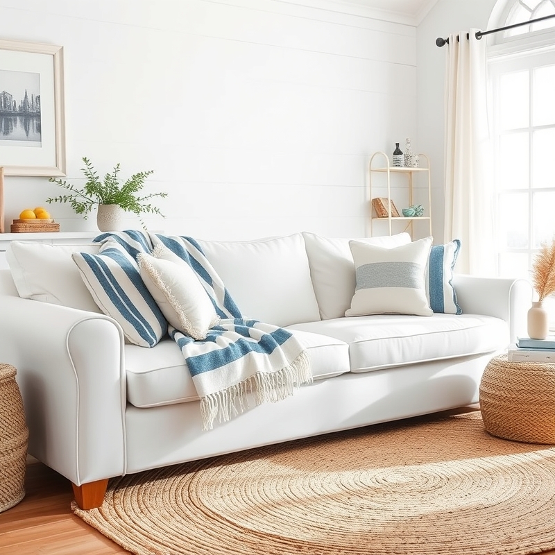striped blue and white throw on white sofa in coastal living room