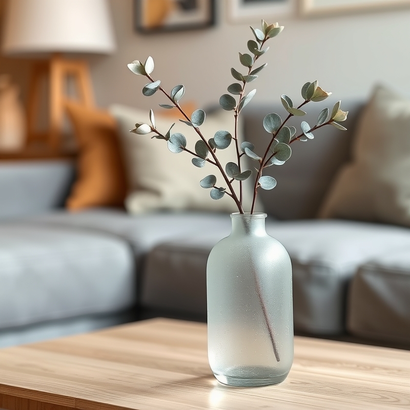 Frosted glass vase on coffee table with branches